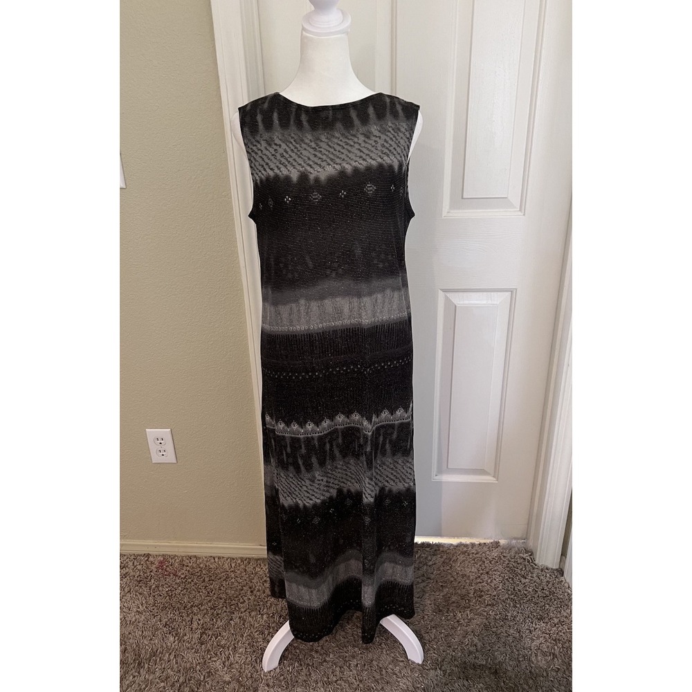 VTG 90s Michael Carrie Black Gray Stripe Shimmer Sheer Grunge Indie Maxi Dress L